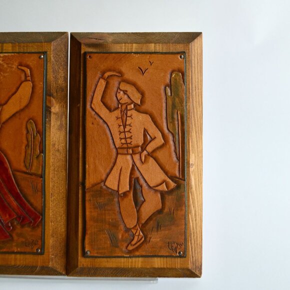 Handtooled Leather Man Woman Folk Art on Wood Wall Decor Vintage - Picture 3 of 6